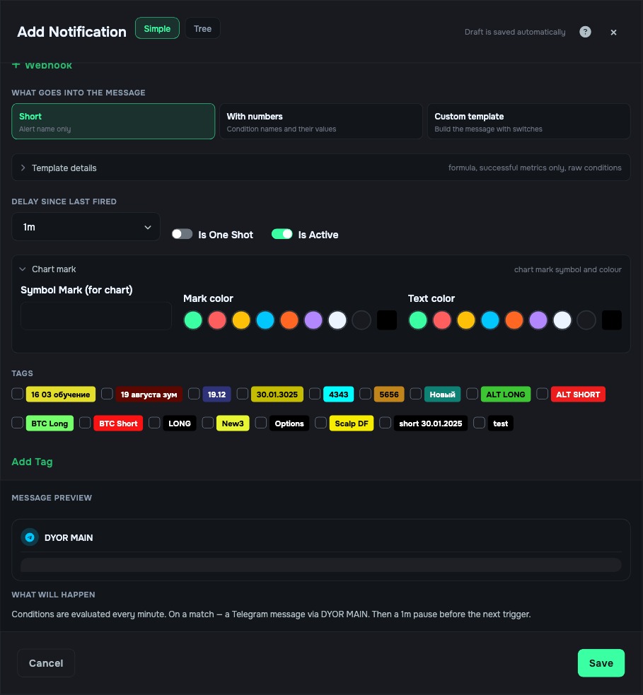 Bottom of the editor: delay since last fired, Is One Shot and Is Active, chart mark, tags, “What will happen”