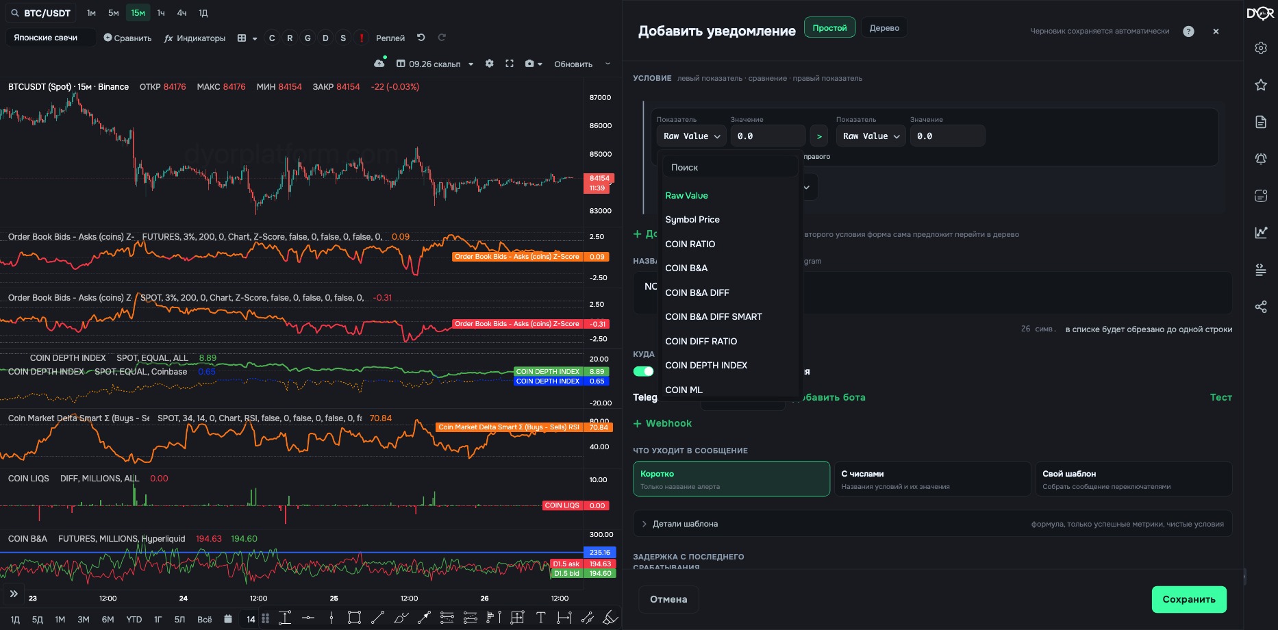 The “Metric” list: indicators under the same names as in the indicators window; search at the top