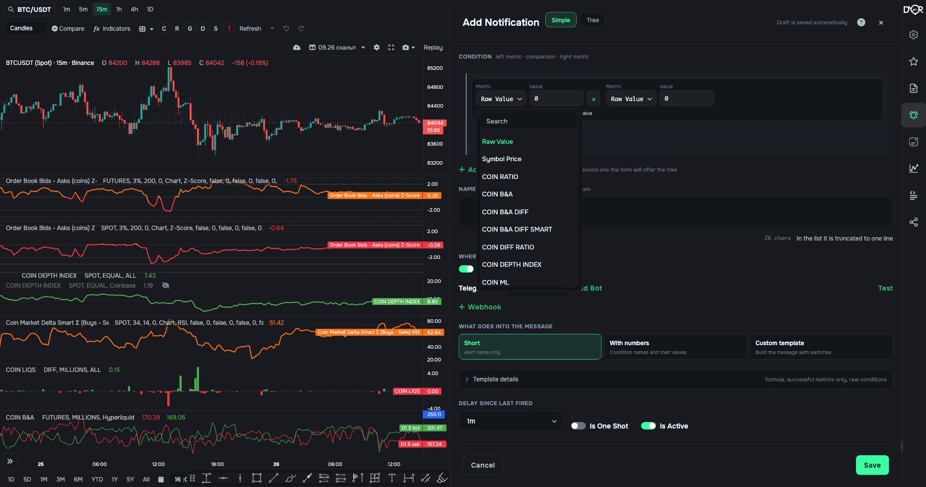 The “Metric” list: indicators under the same names as in the indicators window; search at the top