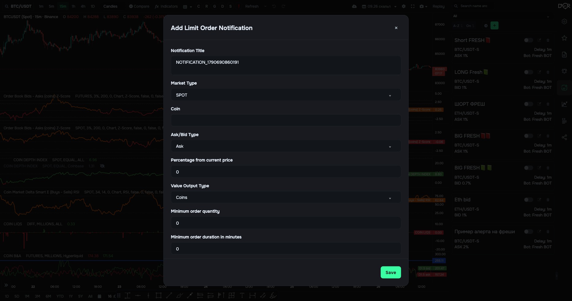 The “Add Limit Order Notification” form: name, market type, coin, order book side, percentage from price, units, minimum order size and duration