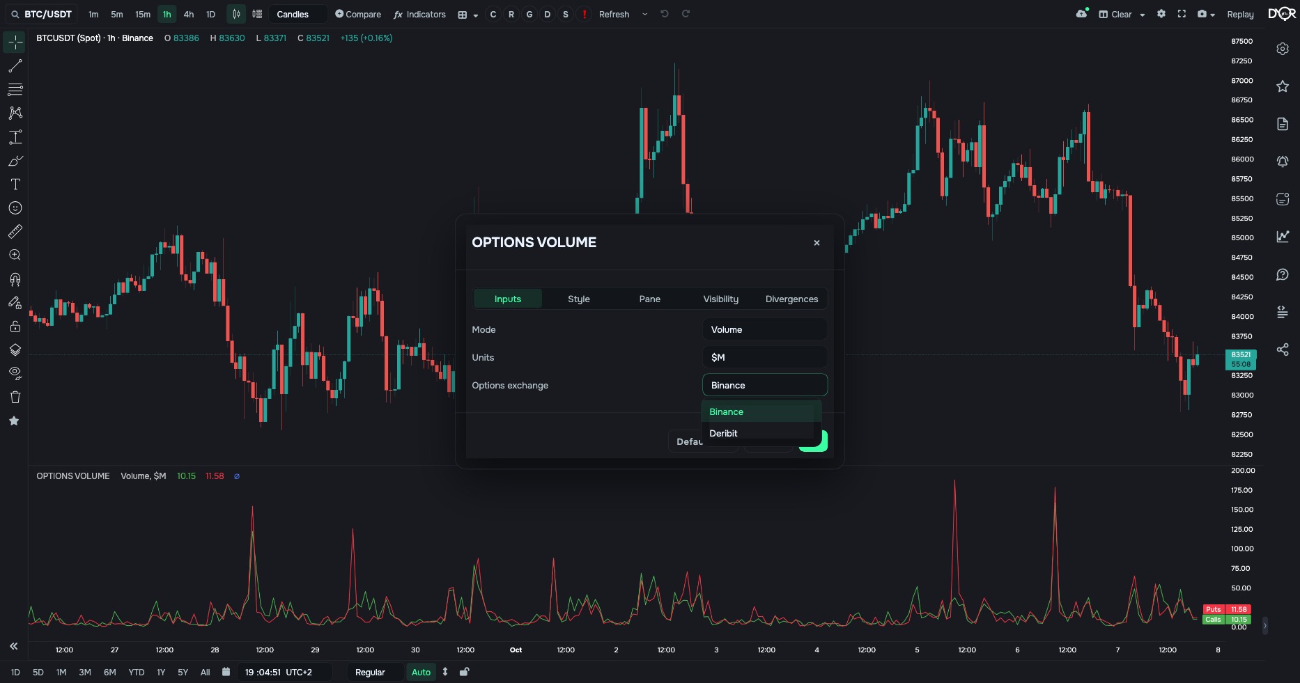 OPTIONS VOLUME inputs: the “Options exchange” field — Binance or Deribit