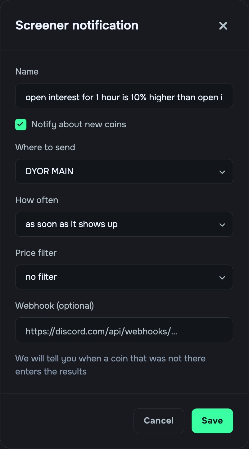 The “Screener notification” dialog: where to send, how often, price filter, webhook