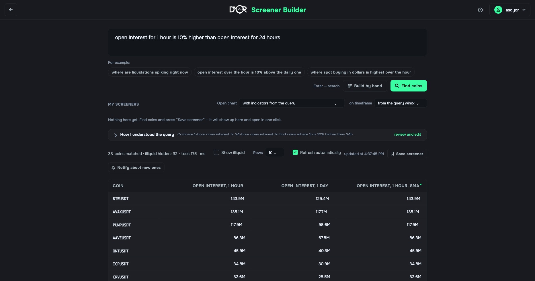 Screener Builder: a query in plain words, the “How I understood the query” line, how many coins matched, the “Save screener” and “Notify about new ones” buttons, the result table